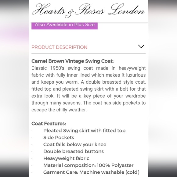 Plus Size Hearts & Roses Vintage Style Camel Fit and Flare Pin Up Coat XXL 20 - Picture 4 of 16